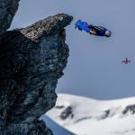 Peter Salzmann and the Red Bull Rocket Drone piloted by Shaggy FPV Ralph Hogenbirk seen at the Eiger in Lauterbrunnen, Switzerland on August 19, 2025.